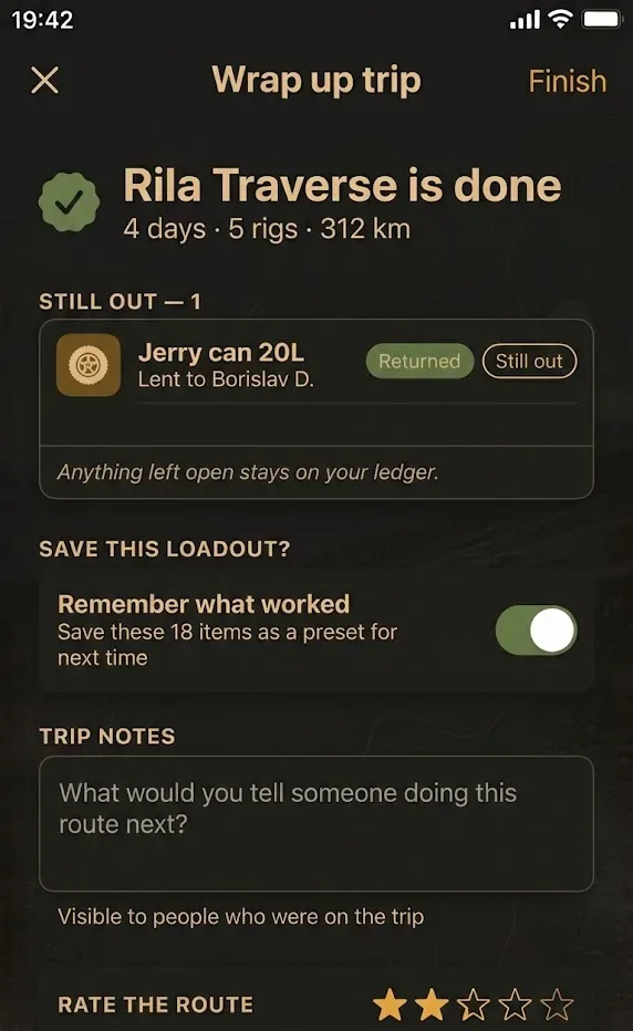 The trip wrap-up screen, closing open loans and saving the loadout.